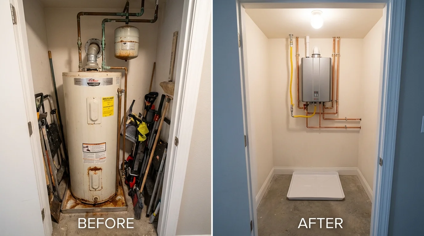 Tank water heater versus wall-mounted tankless unit comparison for Chevy Chase, MD homeowners