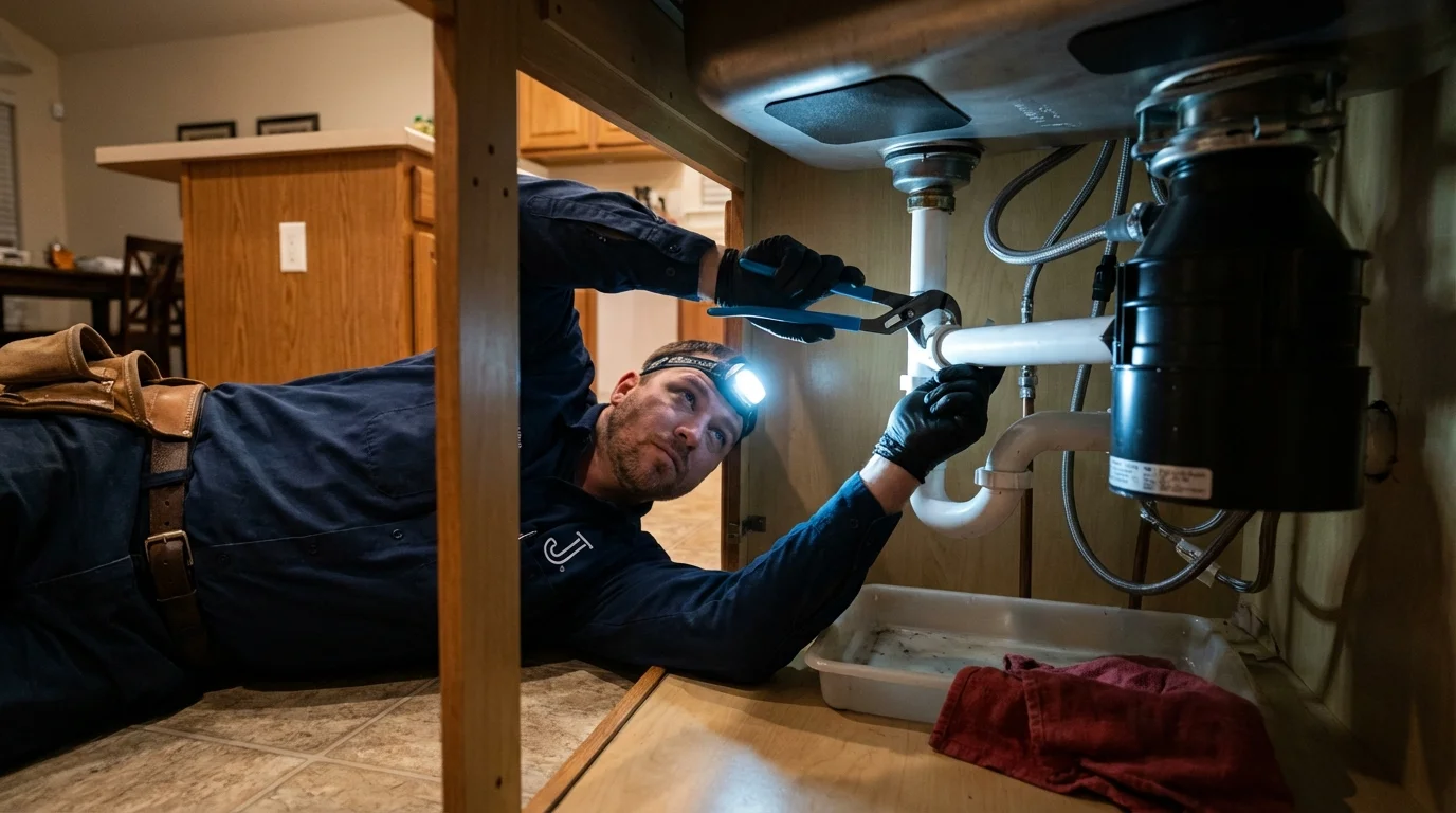 P-trap and supply line connections under a kitchen sink showing a common leak point in Chevy Chase, MD
